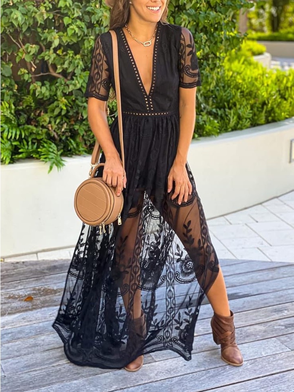 Black Sheer Embroidered Maxi Romper Dress